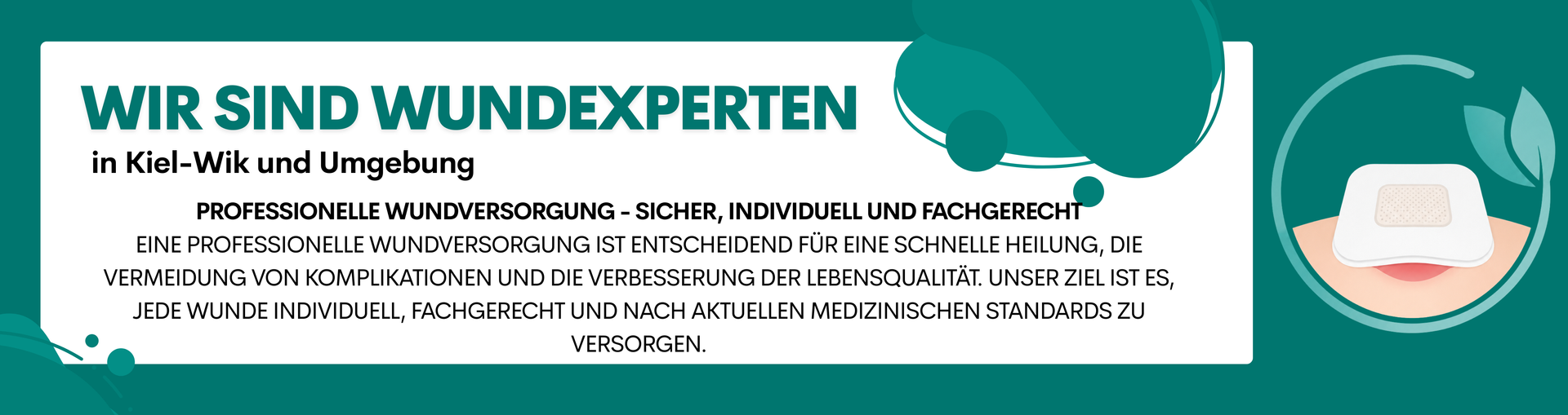 Türkisfarbenes Banner mit der Aufschrift „WIR SIND WUNDEXPERTEN“ und einer Hand, die rechts ein Laptop-Symbol hält