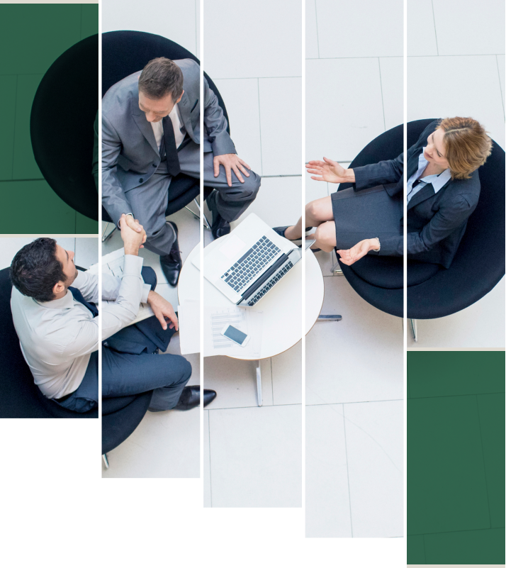 Three people in suits in a meeting around a laptop on a white floor with green chairs