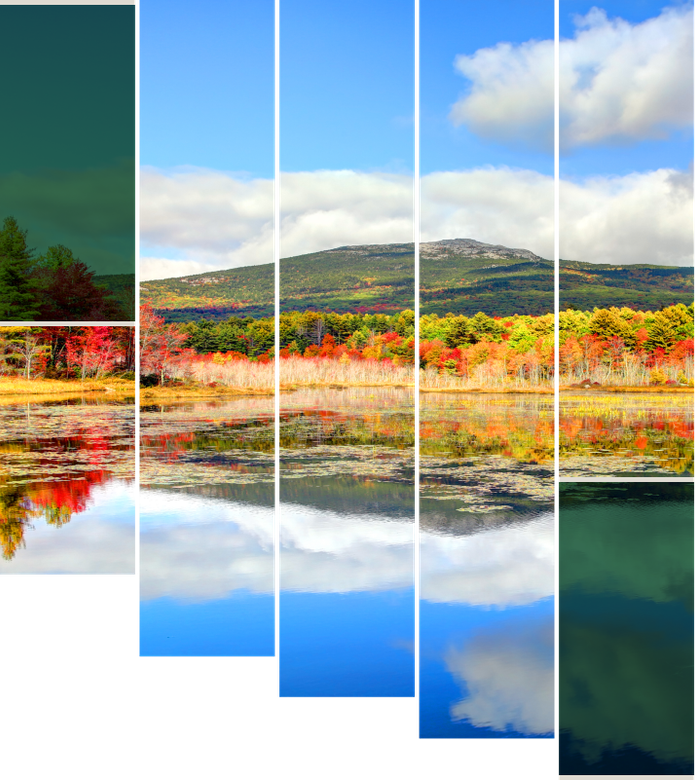 Layered landscape collage of a colorful lake, autumn trees, blue sky, and mountains reflected in water