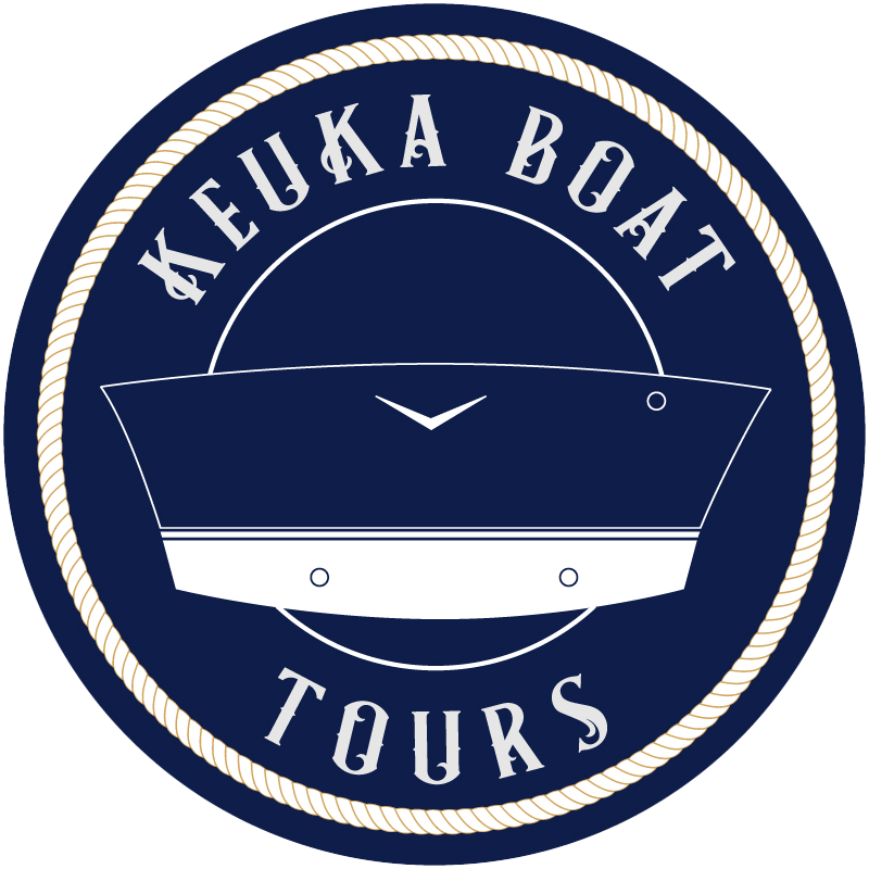 a logo for keuka boat tours with a boat in the center