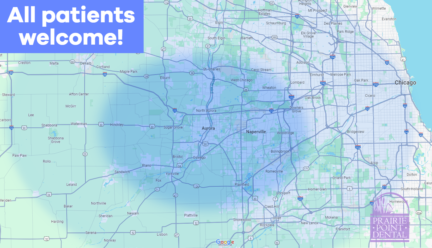 “All patients welcome!” sign over a pastel map graphic with roads and landmarks.