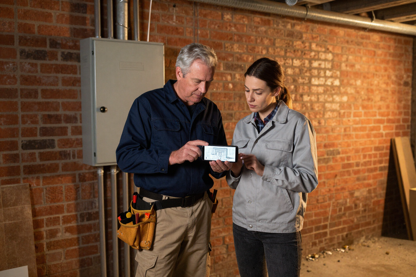 Jayone Electric LLC family-owned electrical team reviewing job plans in a Detroit residential utility room