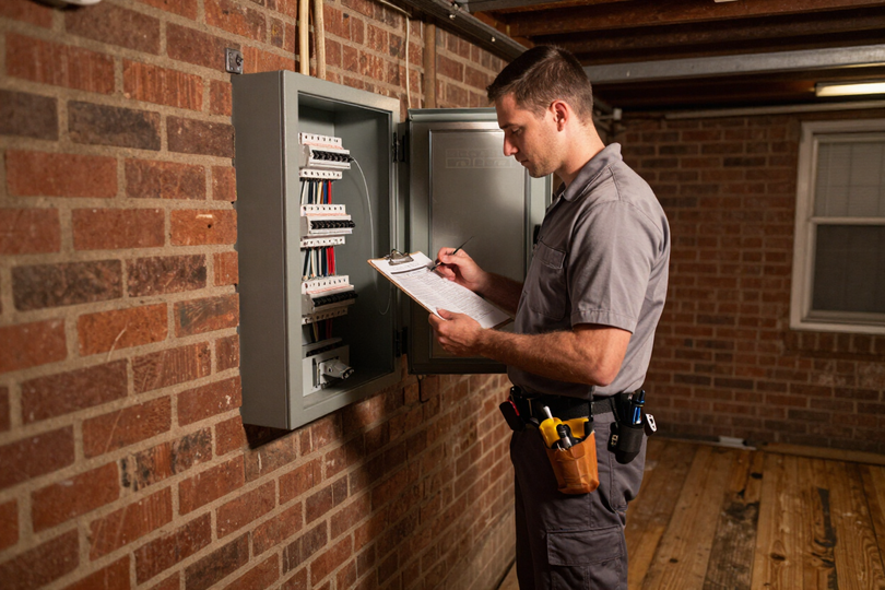 Jayone Electric LLC licensed electrician reviewing electrical permit documentation at a Detroit residential panel