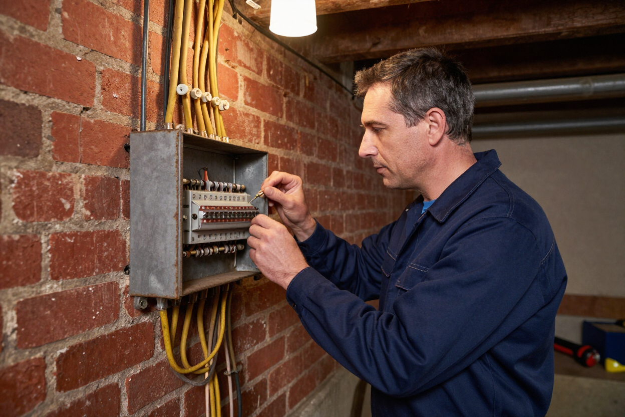 Electrician examining outdated wiring inside the basement of an older Detroit residential home