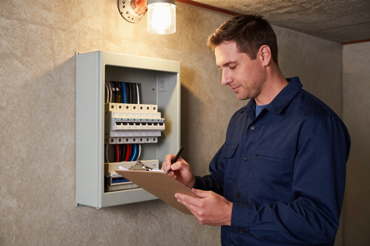 Electrician documenting findings on a clipboard in front of a residential panel during a Detroit maintenance inspection