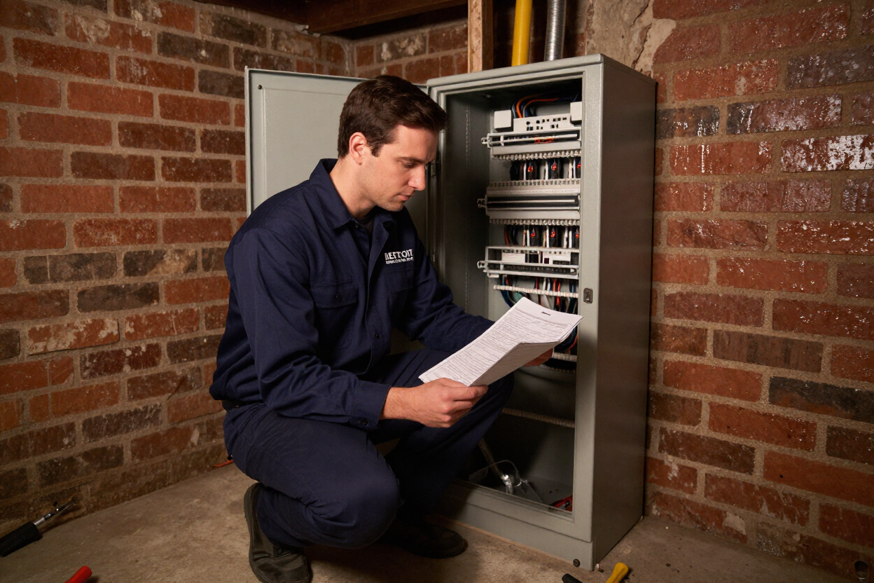 Licensed electrician reviewing a maintenance checklist beside a residential electrical panel in a Detroit basement