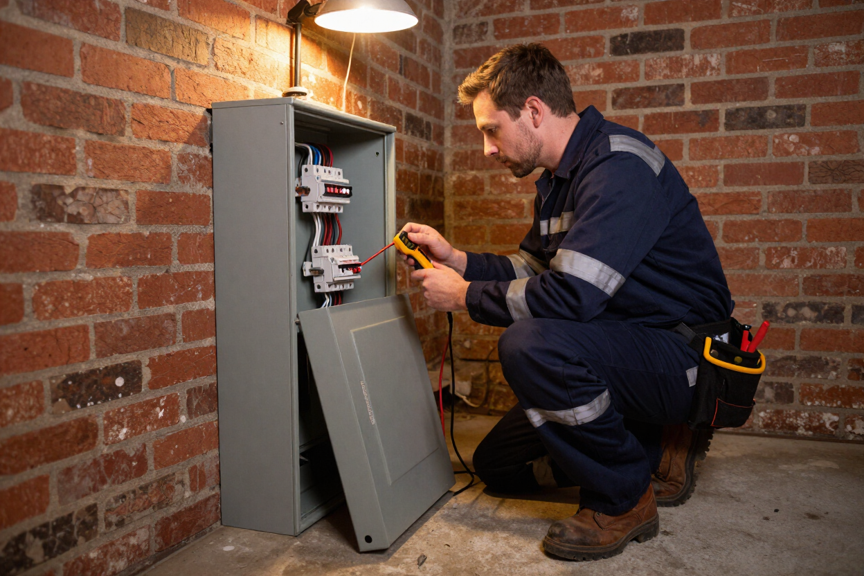 Licensed Detroit electrician using a voltage tester on a residential breaker panel during an emergency electrical service call