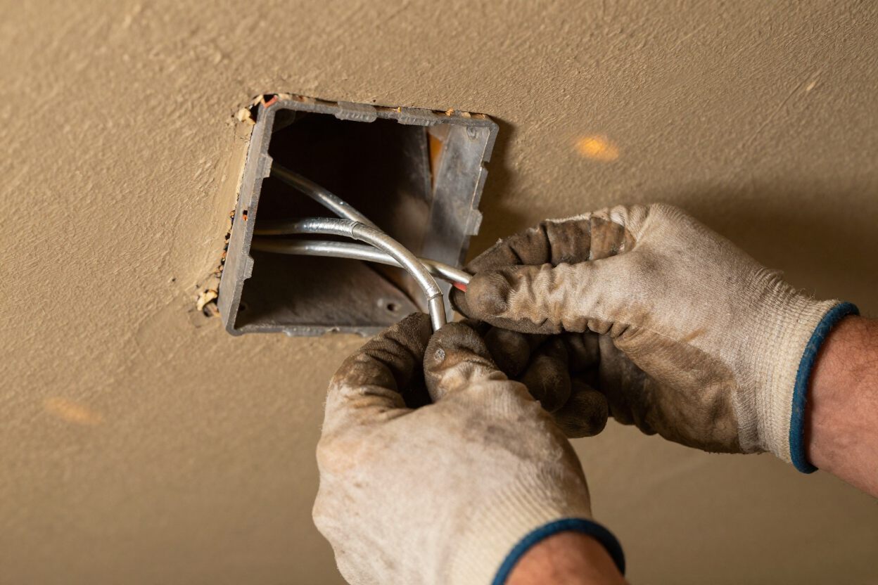 Close-up of electrician hands connecting wiring in an older Detroit home fixture box