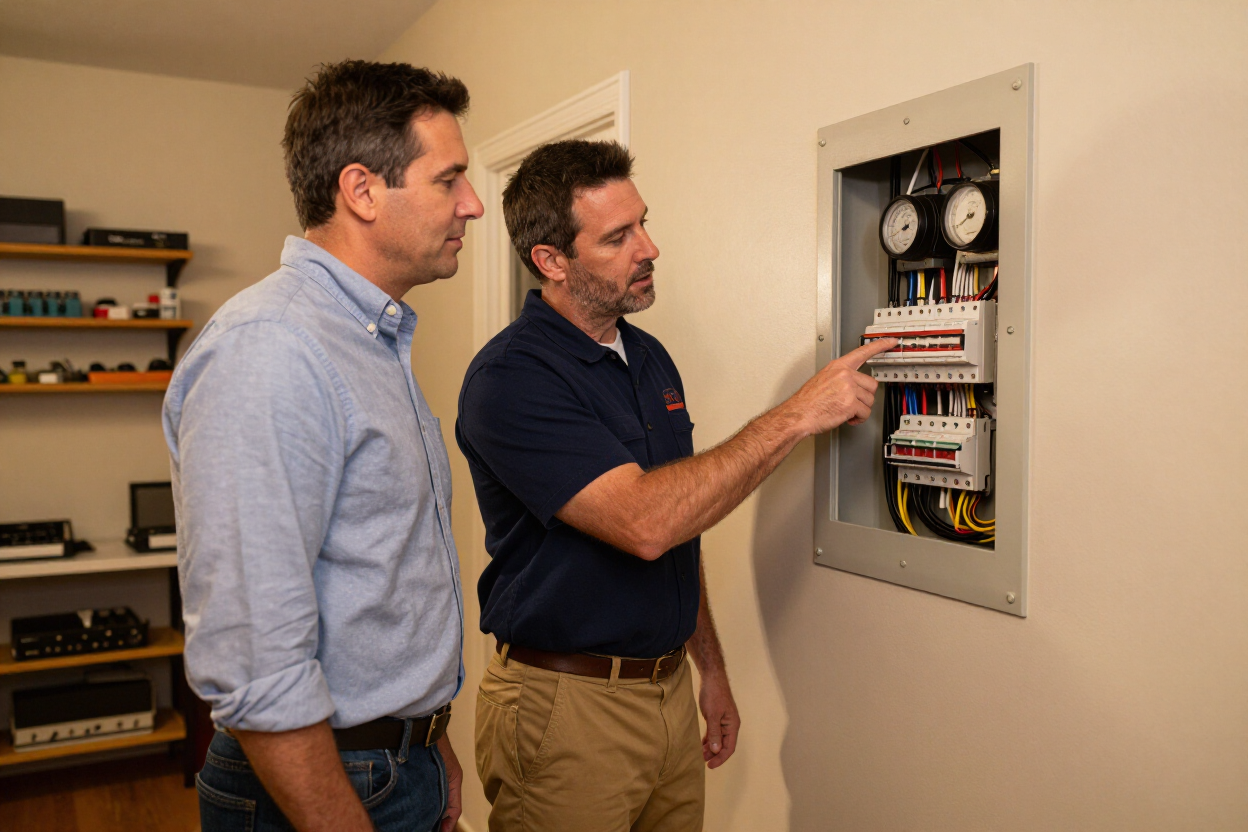 Jayone Electric LLC electrician explaining an electrical panel upgrade to a Detroit homeowner during a free estimate walkthrough