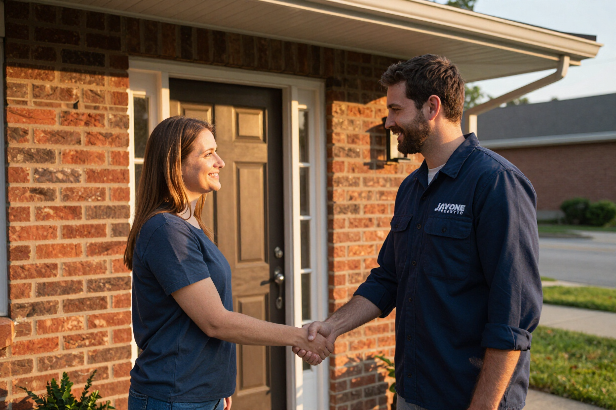 Jayone Electric LLC electrician greeting a homeowner at a Metro Detroit residence before an electrical service visit