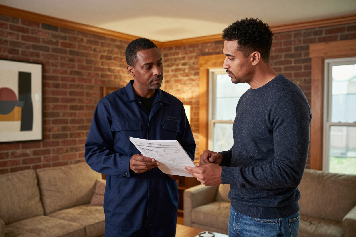 Jayone Electric LLC electrician discussing an electrical estimate with a homeowner in a Detroit residence.