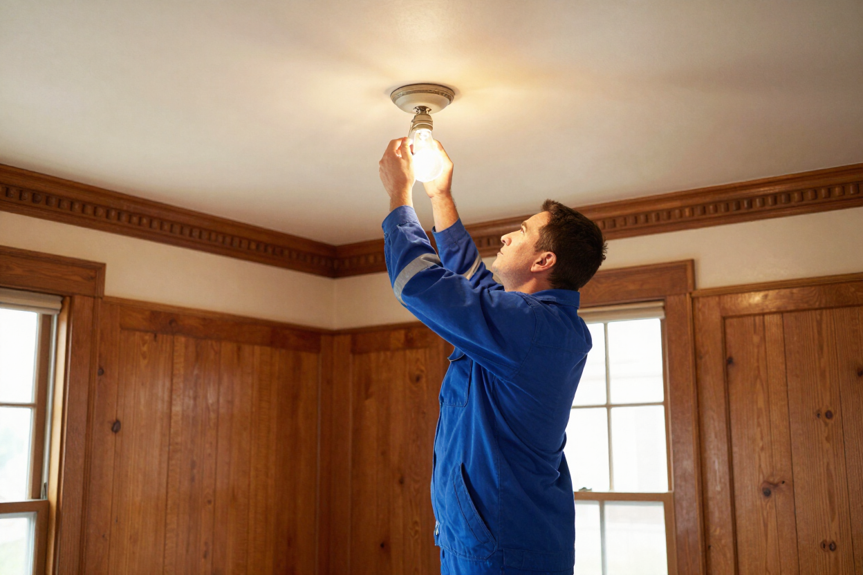 Licensed electrician replacing a ceiling light fixture inside a Detroit-area residential home.