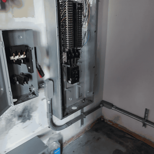 Open electrical panels and conduit in a gray utility room corner.