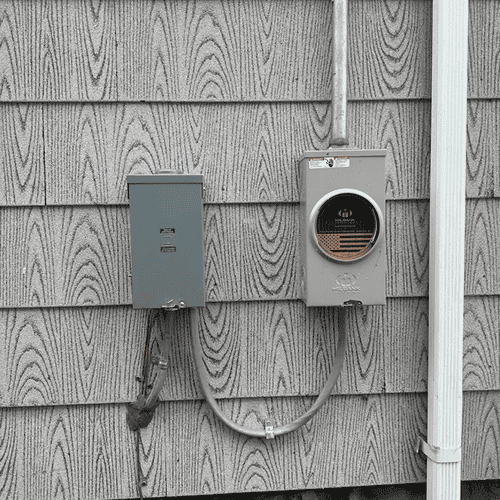 Two gray utility meters mounted on a house’s wood-pattern siding, with conduit and a white downspout nearby.