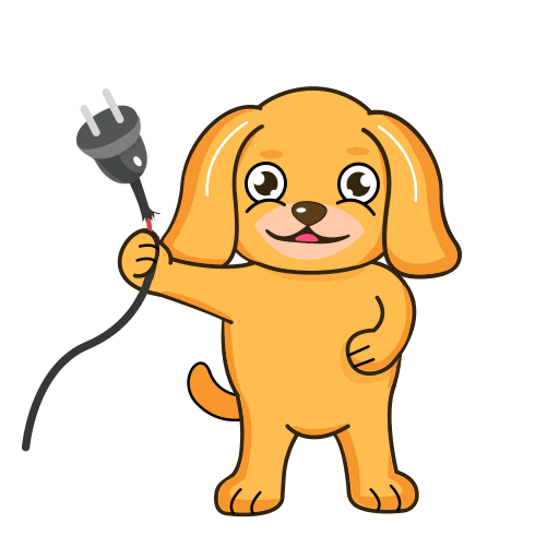 Golden dog holding a plug, smiling, standing, on a white background.