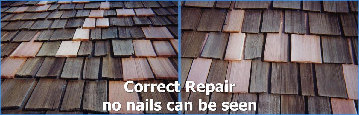 A picture of a roof with the words correct repair no nails can be seen