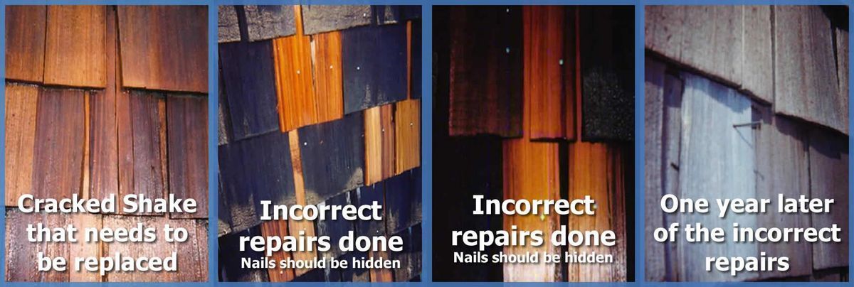A collage of four pictures of a roof that says cracked siding needs to be replaced