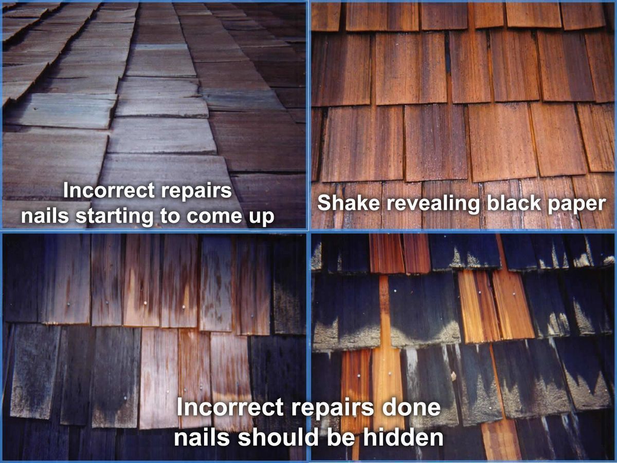 Four pictures of a wooden roof with the words incorrect repairs nails starting to come up