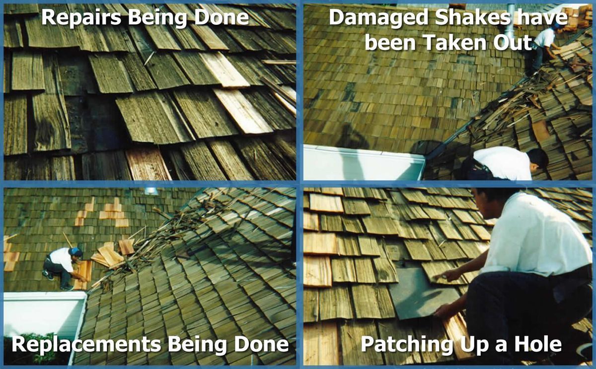 A picture of a roof with the words repairs being done and damaged shakes have been taken out