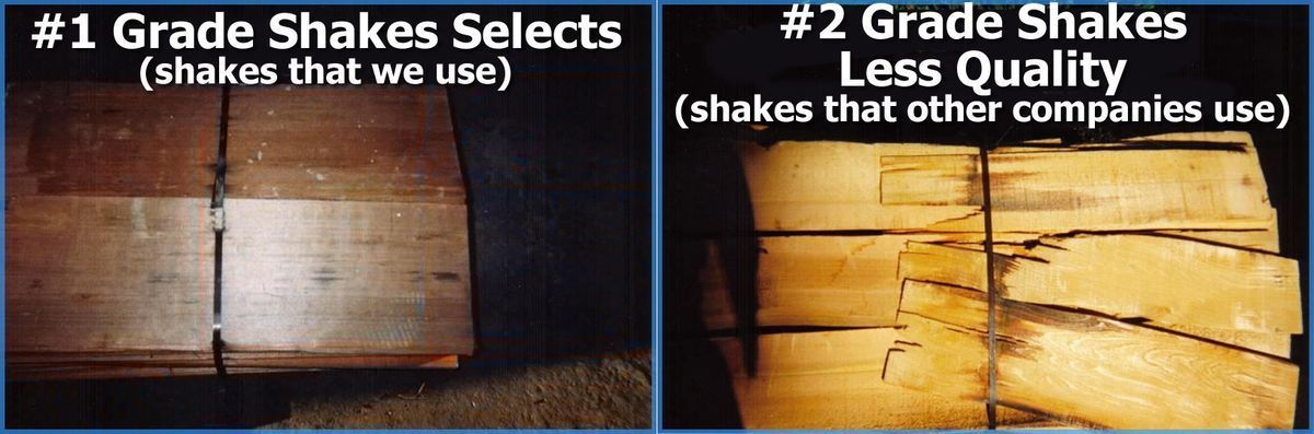 A picture of a piece of wood that says # 1 grade shakes selects and # 2 grade shakes less quality