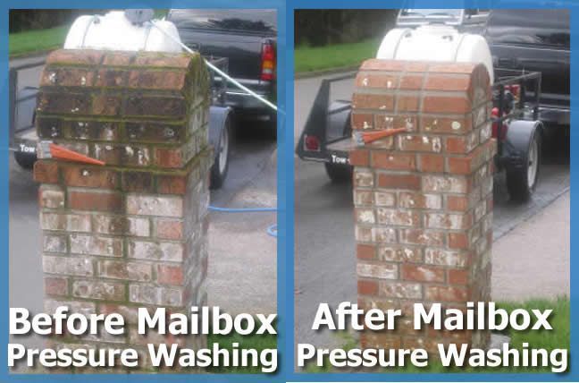 A before and after picture of a mailbox pressure washing
