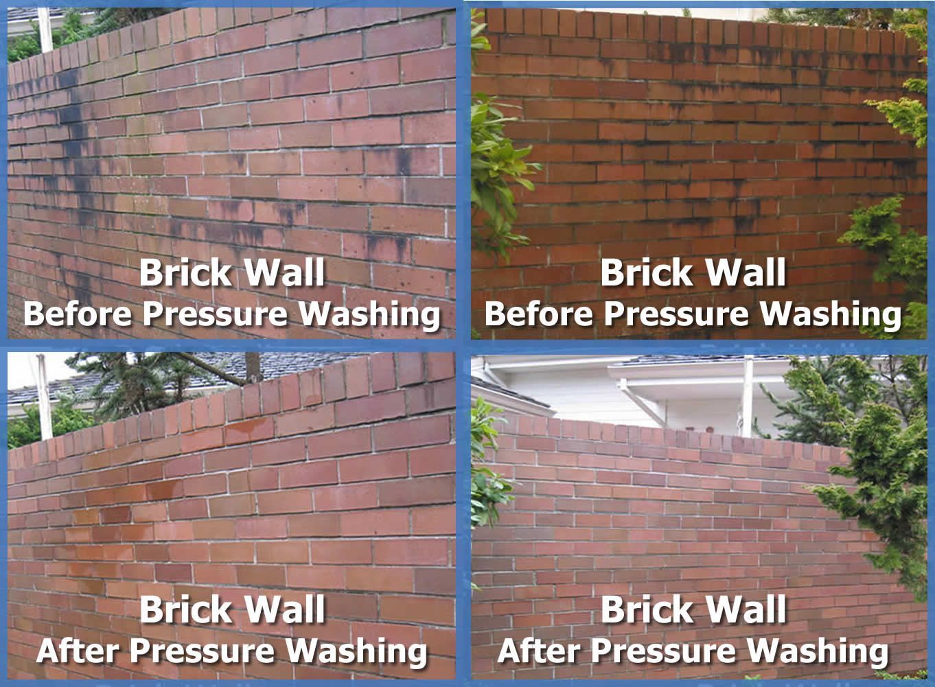 Four pictures of a brick wall before and after pressure washing