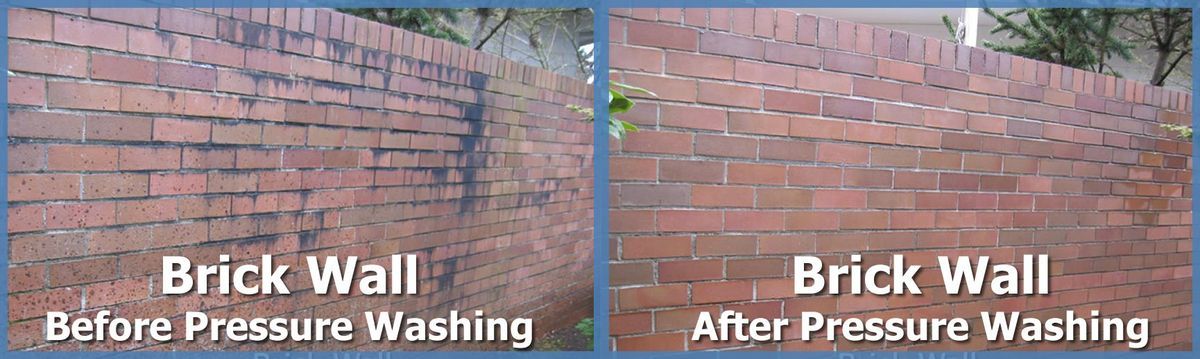 Two pictures of a brick wall before and after pressure washing