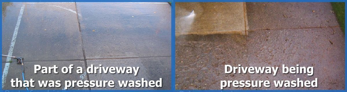 Part of a driveway that was pressure washed and part of a driveway being pressure washed