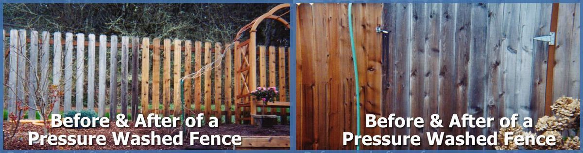 A before and after picture of a pressure washed fence
