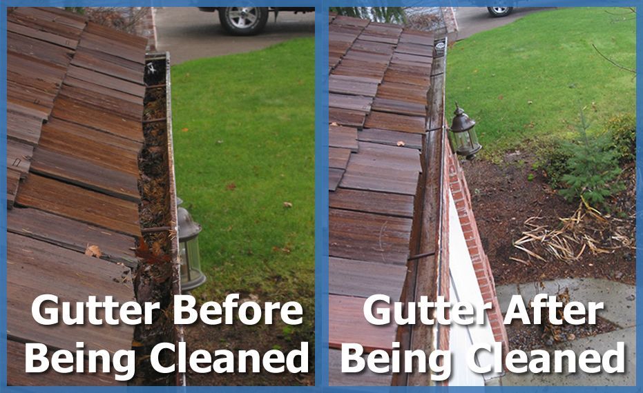 Two pictures of gutters before and after being cleaned