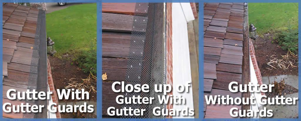 Three pictures of gutters with and without gutter guards
