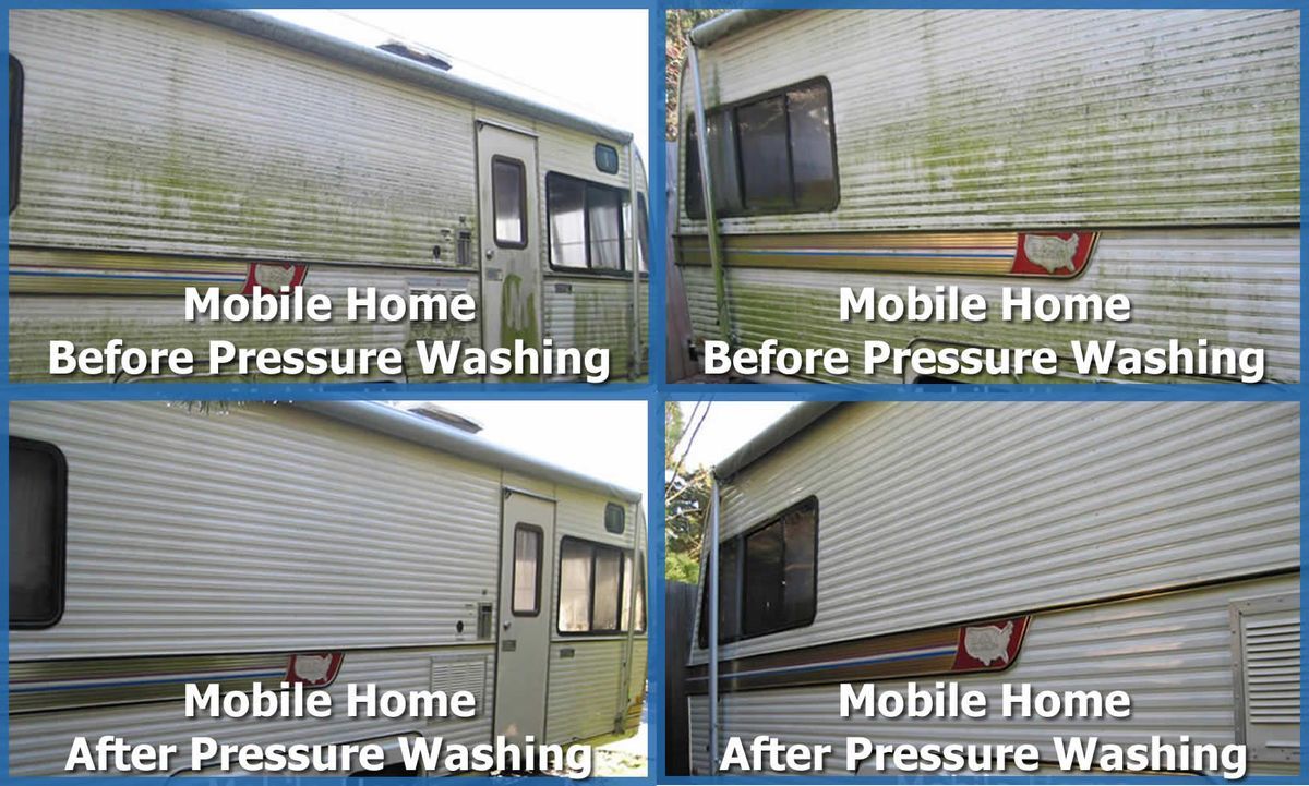 Four pictures of a mobile home before and after pressure washing