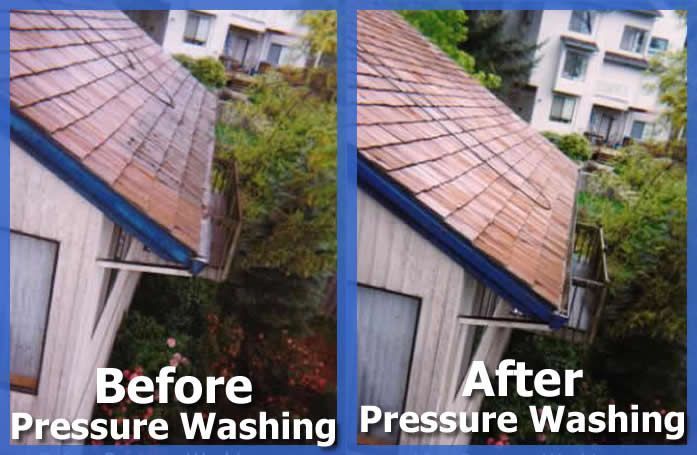 A picture of a house before and after pressure washing