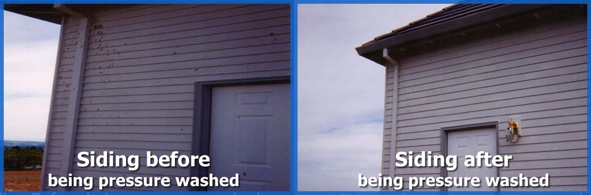 A picture of a house before and after being pressure washed