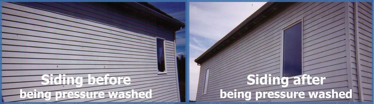 A picture of a house before and after being pressure washed