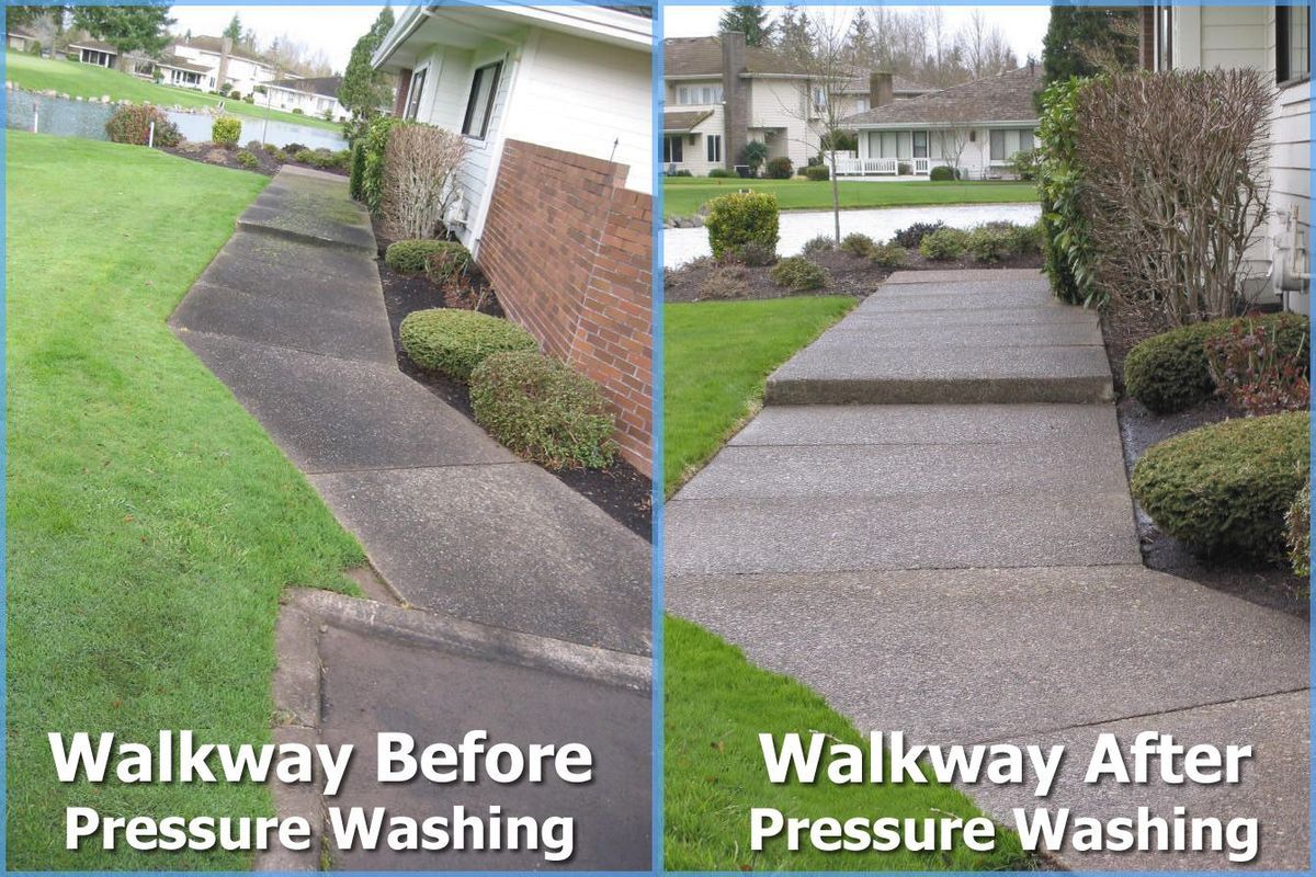 Two pictures of a walkway before and after pressure washing