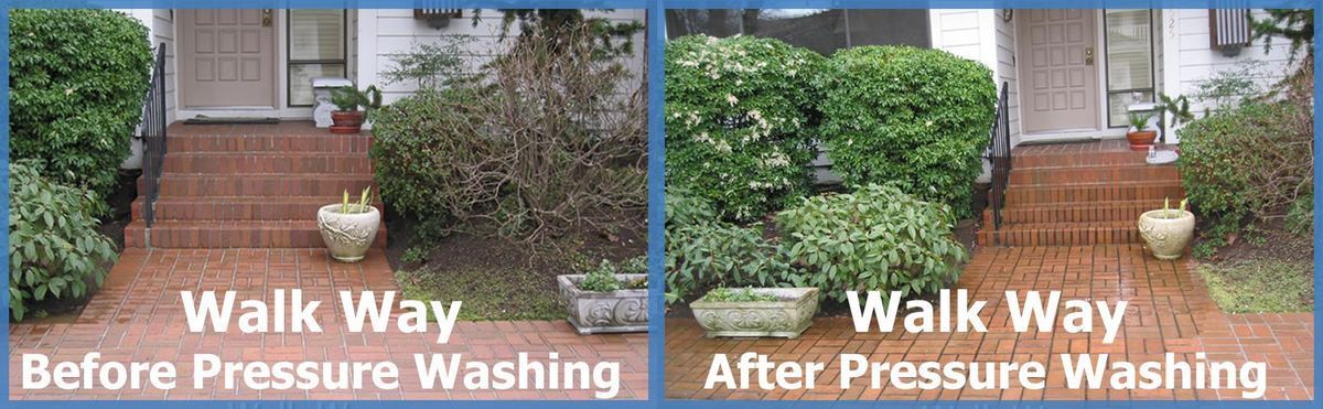 Two pictures of a walkway before and after pressure washing