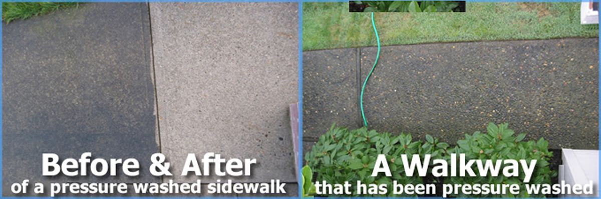 Before and after of a pressure washed sidewalk that has been pressure washed