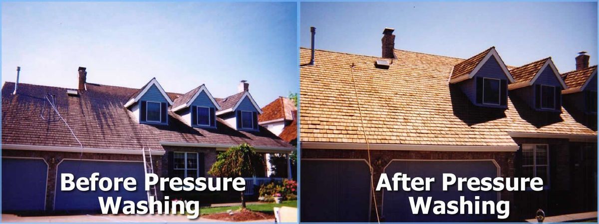 A picture of a house before and after pressure washing