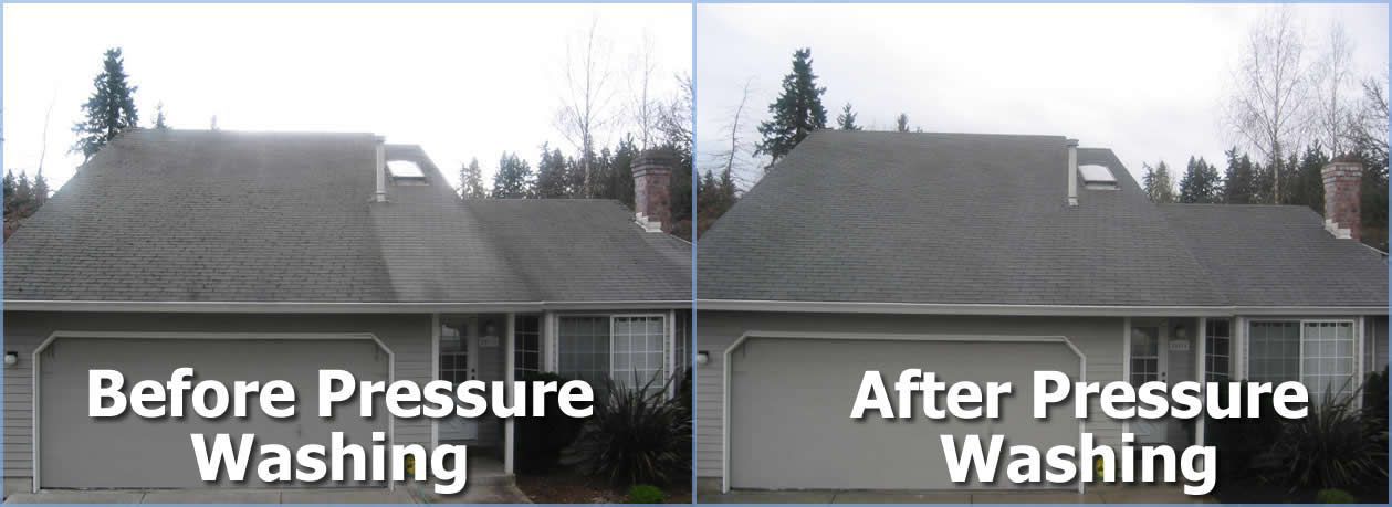 A picture of a house before and after pressure washing