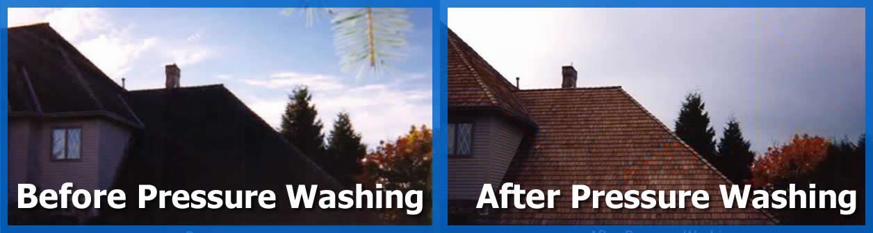 Two pictures of a house before and after pressure washing