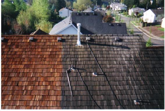 A picture of a roof before and after being cleaned