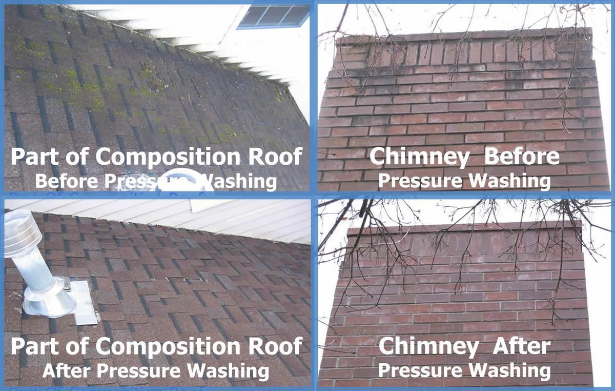 A picture of a chimney before and after pressure washing