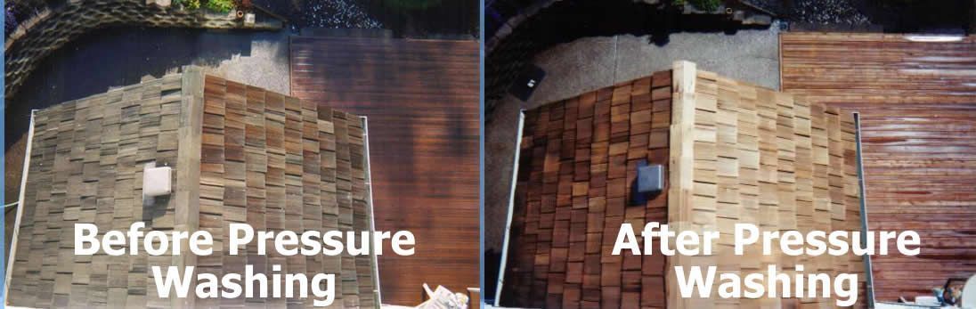 A before and after picture of a brick wall with the words before pressure washing and after pressure washing.