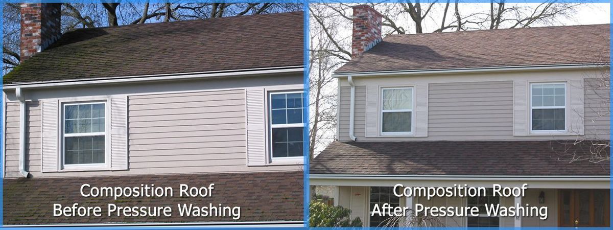 Two pictures of a house before and after pressure washing