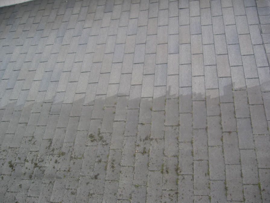 A brick walkway with a dirty side and a clean side