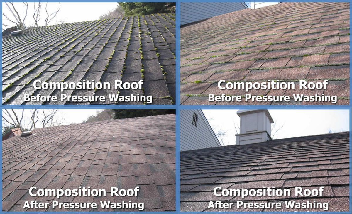 A collage of four pictures of a roof before and after pressure washing.
