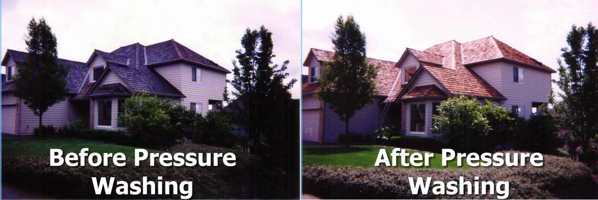 A picture of a house before and after pressure washing