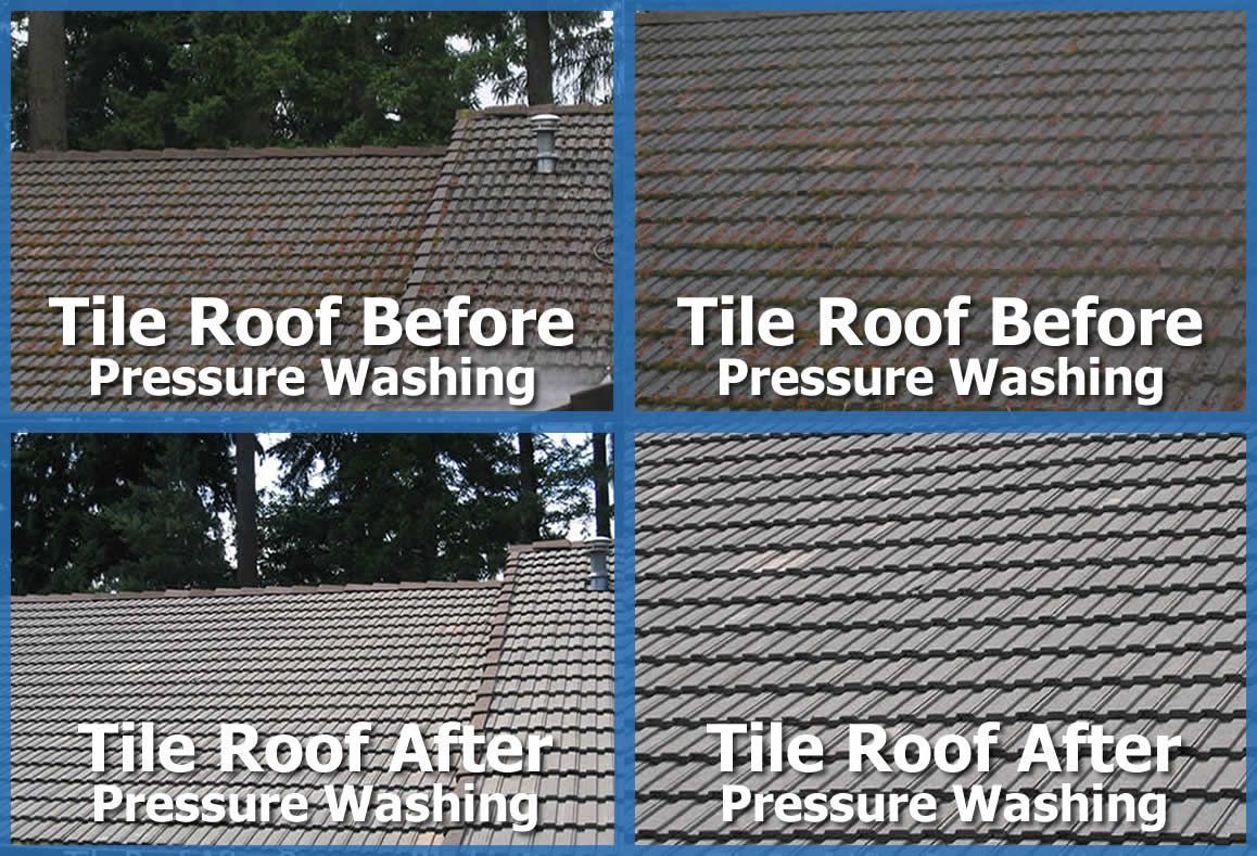 A tile roof before and after pressure washing