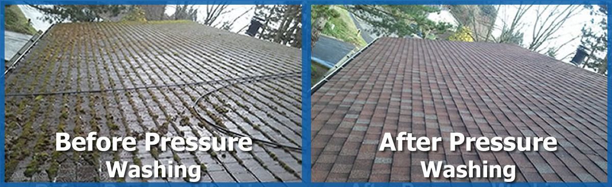 Two pictures of a roof before and after pressure washing.
